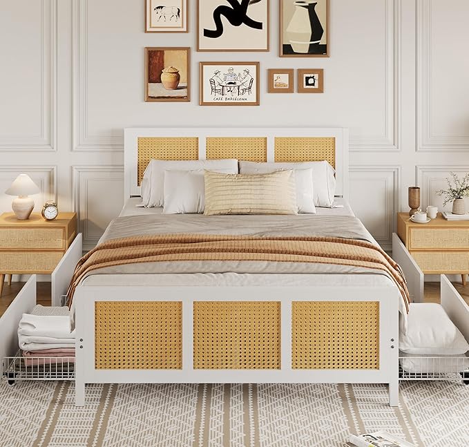 GarveeHome White Rattan Bed Frame with Headboard, Boho Cane Platform Full Size Bed Frame with 4 Drawers, Strong Metal Slats Support, Noise Free, No Box Spring Needed