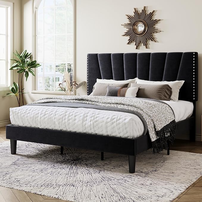 Allewie King Size Bed Frame with Adjustable Velvet Upholstered Headboard, Rivet-Style Nailhead Trim Detail Platform Bed Frame, Wooden Slat Support, No Box Spring Needed, Easy Assembly, Black