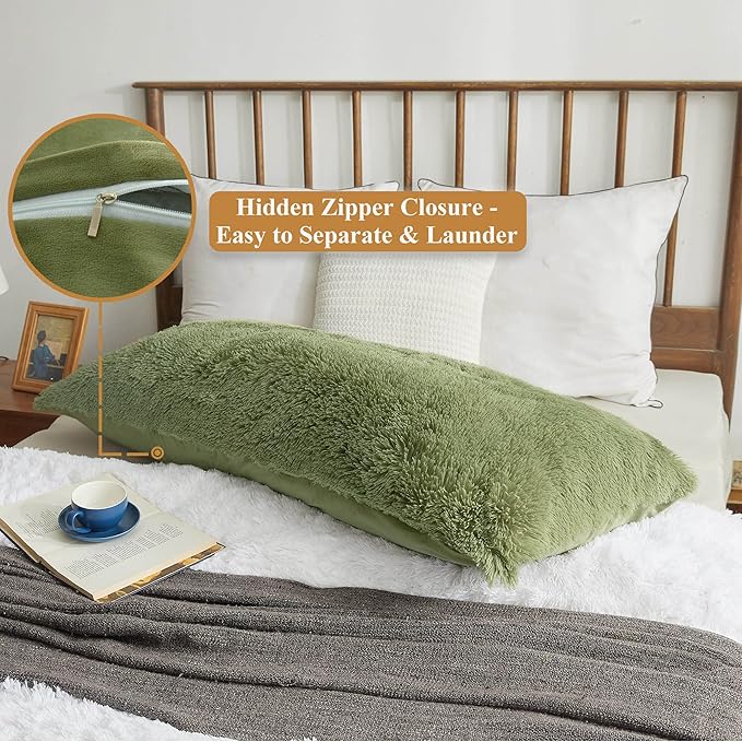 XeGe Luxury Shaggy Faux Fur Body Pillow Cover 20x54, Shed-Free Fluffy Long Pillowcase Hidden Zipper, Soft Plush Pillow Sham for Side Sleepers & Pregnancy Support, Aesthetic Room Decor (Sage Green)