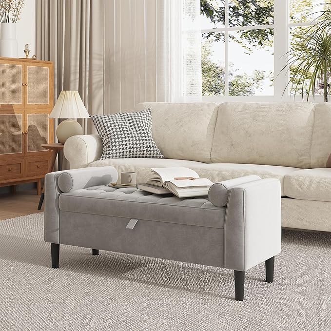 46.5 in Storage Ottoman Bench – Upholstered End-of-Bed Storage Chest with Rolled Armrests & Wood Legs, Entryway Shoe Bench and Footrest Seat for Hallway, Bedroom & Living Room& Walk-in Closet (Gray)