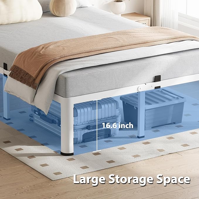 VIPSHOW 18 Inch King Size White Bed Frame, 3500Lbs Heavy Duty Metal Platform with Round Corner Legs Mattress Slide Stopper, Steel Slat Support No Box Spring Needed, Noise Free, Non-Slip, Easy Assembly