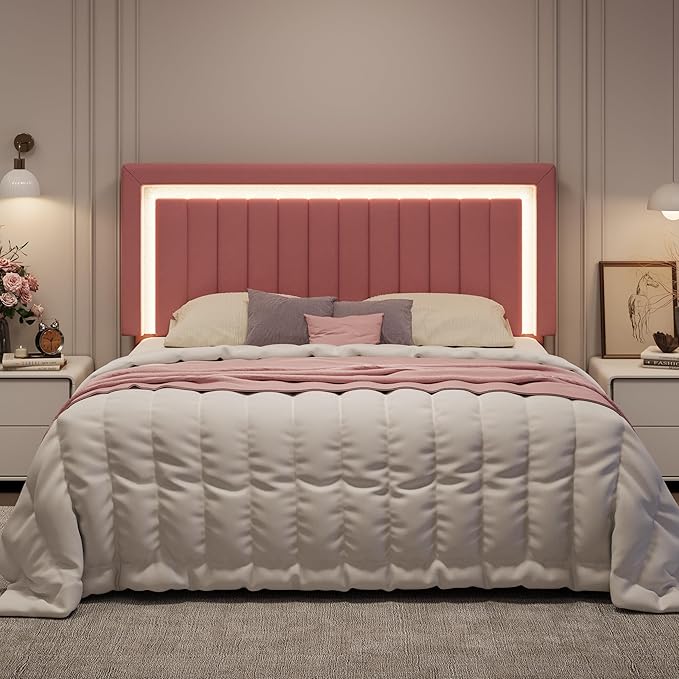 SHA CERLIN King Size Velvet Bed Frame with LED Light, Adjustable Vertical Channel Tufted Headboard, Strong Wooden Slats Support, Noise-Free, No Box Spring Needed, Pink