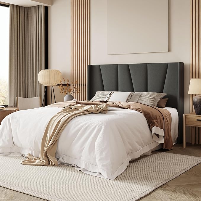 Allewie Queen Size Platform Bed Frame with Geometric Wingback Headboard, Boho Upholstered Bed with Wooden Slats Support, No Box Spring Needed, Easy Assembly, Dark Grey