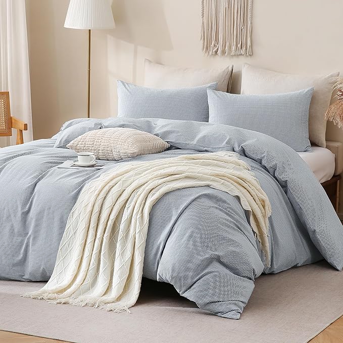 TOCOMOA Mini Gingham Blue Duvet Cover Bedding Set 100% Washed Cotton Like Linen Feel Super Soft Comfortable 3 Piece Small Plaid Checkered Comforter Cover Set (King 104"x90", Comforter Not Included)