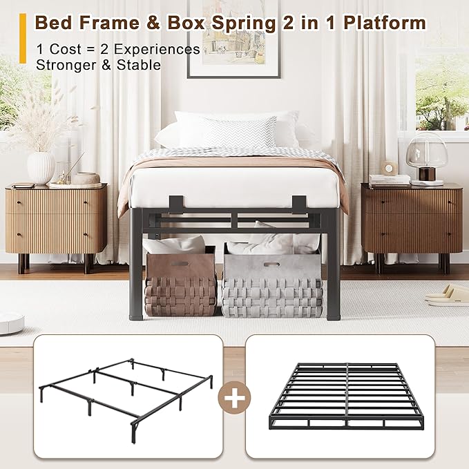 ROIL 24 Inch Twin Size Bed Frame, Metal Bed Frame & Box Spring 2 in 1 Platform with Round Corner Legs, 4000LBS Double Layer Bed Frame with Headboard Holes Mattress Baffles, Noise-Free Easy Assembly
