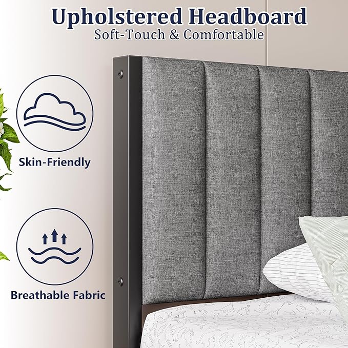 Floating Twin Bed Frame with LED Lights & USB Charging Station,Metal Platform Bed with Strong Slats Support,Floating Bed Frame Twin Size with Upholstered Headboard,Easy Assembly,Noise Free,Gray