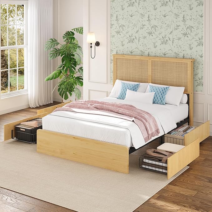 Garvee Full Size Rattan Bed Frame with 4 Drawers, Bohemian Full Rattan Bed Frame with Natural Headboard, Platform Full Size Bed with Wooden Legs, LED Lights, No Box Spring Needed