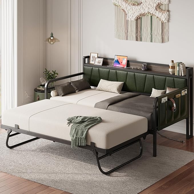 LIKIMIO Twin XL Daybed, Day Bed with Trundle, Storage Upholstered Headboard and Charging Station, Trundle Bed with Strong Supports for Living Room, Bedroom, and Guest Room, Green