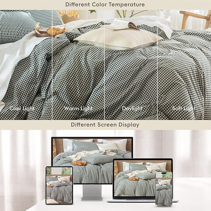 MooMee Gingham Duvet Cover Set 100% Washed Cotton Linen Like Textured Breathable Durable Soft Comfy Modern Checkered Design (Mini Gingham Forest Green, Oversized Full 82"x86")