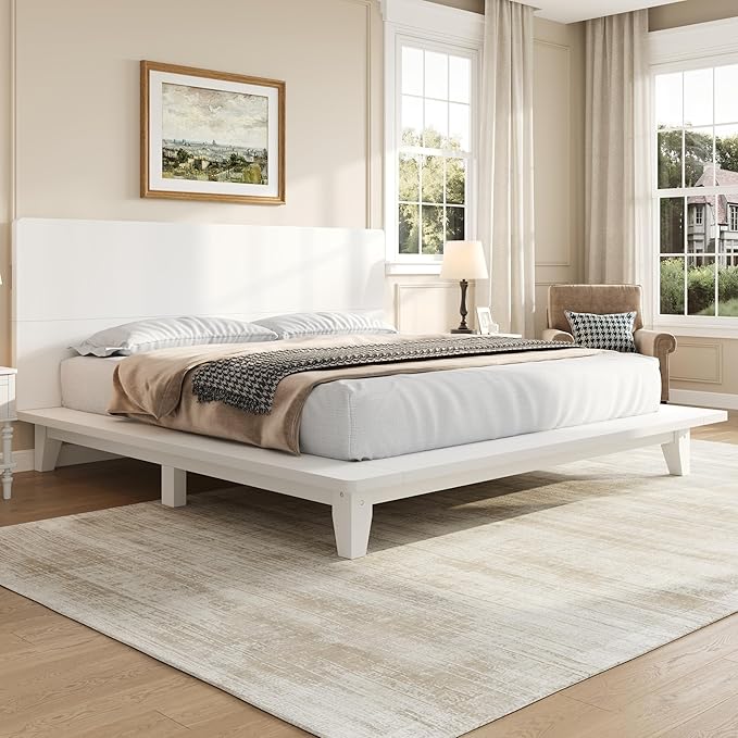Mid-Century King Size Wooden Bed Frames, Pine Wood Japanese Low Platform Bed with White Headboard, 7 inch Low Under Bed Storage, 800 lbs Capacity, No Box Springs Required (White, King, 35.4" H)