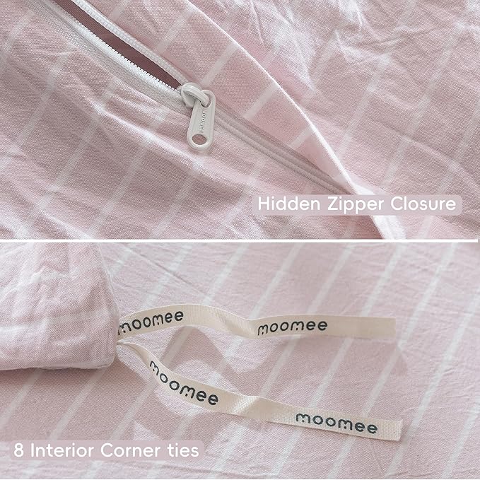 MooMee Striped Duvet Cover Set 100% Washed Cotton Linen Like Textured Breathable Durable Soft Comfy (Heathered Greyish Pink White Wide Stripes, Queen 90"x90")