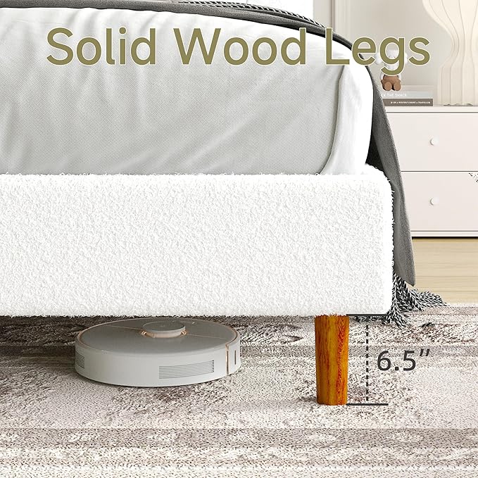 King Size Boucle Upholstered Bed Frame with Adjustable Headboard, Cloud Platform Bed, Solid Wooden Legs, No Box Spring Needed, Easy Assembly, White