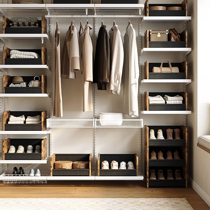 FOUCSSOMEI Closet Organizer and Storage, 4 Tier Stackable Storage Organizer, Wooden & Metal Closet Shelves, Modular Clothes Organizer, Storage Shelf, Bedroom & Closet Organization, Patent Design