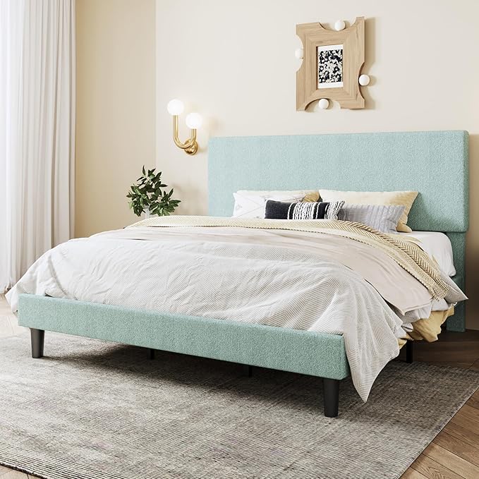 SHA CERLIN King Size Platform Bed Frame with Adjustable Headboard and Wooden Slats Support, Boucle Upholstered Mattress Foundation, No Box Spring Needed, Easy Assembly, Ice Blue