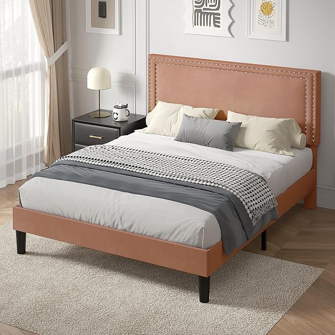 VECELO Full Size Platform Bed Frame with Height Adjustable Upholstered Headboard, Modern Mattress Foundation,Strong Wood Slat Support, No Box Spring Needed, Easy Assembly,Brown