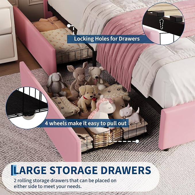 Garvee Queen Size Bed Frame with 2 Flexible Drawers, Velvet Upholstered Platform Bed Frame with Bookcase Headboard and LED Lights, Kids Bed for Girls, Easy Assembly, Noise Free, Pink
