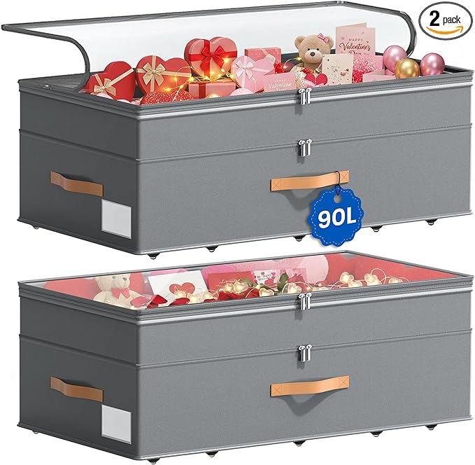Under Bed Storage with Wheels, 2-Pack Underbed Storage Containers, No Assemble 11 inches 90L XXL Large Adjustable Storage Bins with Clear Lids, Rolling Storage for Clothes, Shoes, Blankets, Gray