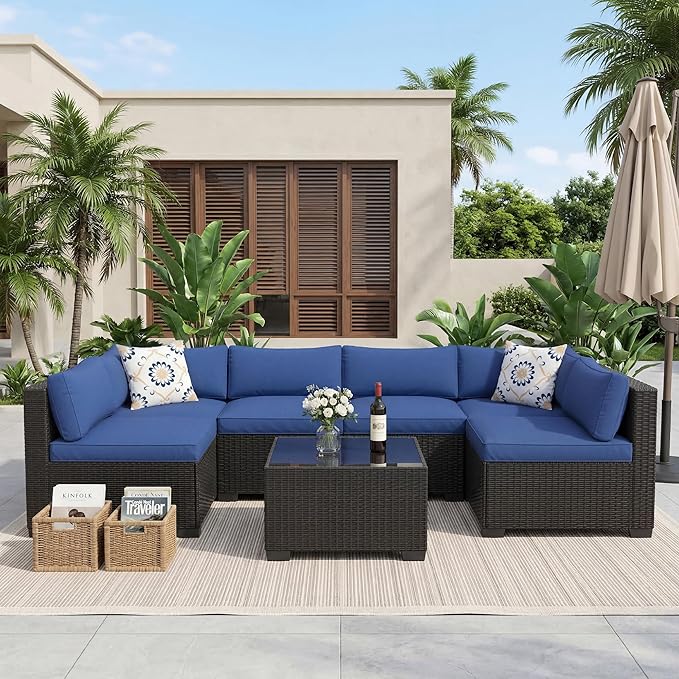 7-Piece Outdoor Patio Furniture Set, Modular Sectional Sofa with Water-Resistant Washable Thick Cushions & Coffee Table, Rattan & Wicker Conversation Set, Brown Frame (Black Wicker & Blue Cushions)