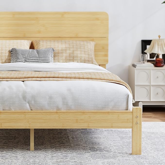 BOSRII 12in High Solid Bamboo Wood Platform King Size Bed Frame with Headboard, Reinforced Heavy Duty Metal Slats, Noise Free, No Box Spring Needed, Easy Assembly
