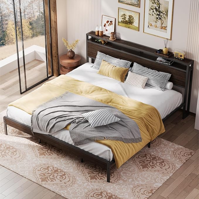 LIKIMIO California King Bed Frame with Headboard, Dark Wood Camas California King with Strong Supports, Sturdy, Noise-Free, No Box Spring Needed, Dark Brown