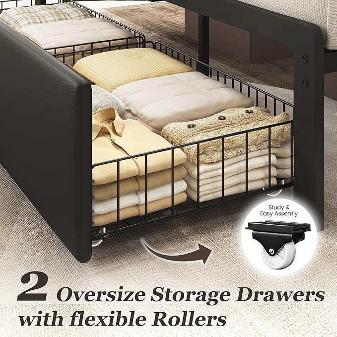 Fluest Queen Bed Frame with 2 Storage Drawers, Upholstered Headboard Button Tufted Bed Frame with Charging Station, No Box Spring Needed, Noise-Free, All Metal Structure, Black