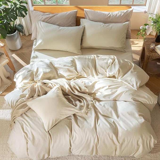 MooMee Bedding Duvet Cover Set 100% Washed Cotton Linen Like Textured Breathable Durable Soft Comfy (Heathered Almond Milk Grey, Queen 90"x90")