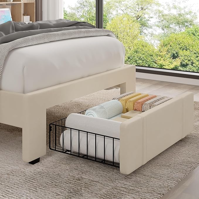 VECELO Twin Size Upholstered Bed Frame with 4 Drawers and Headboard, Velvet Platform Storage Bedframe, Wooden Slats Support, No Box Spring Needed,Bone Beige