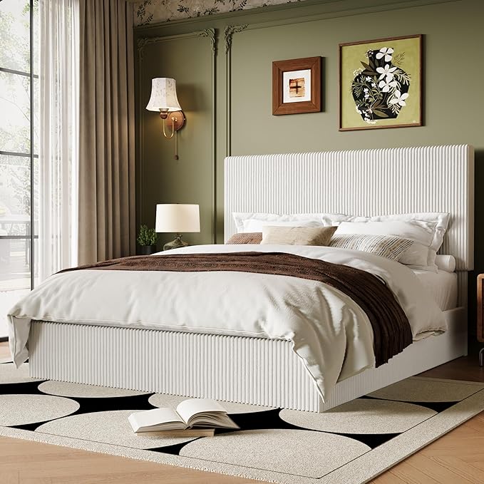Allewie Queen Bed Frame, Upholstered Platform Bed, Adjustable Vertical Channel Tufted Headboard, Corduroy Fabric, Modern Low Profile, Wooden Slats, No Box Spring Needed, Easy Assembly, White