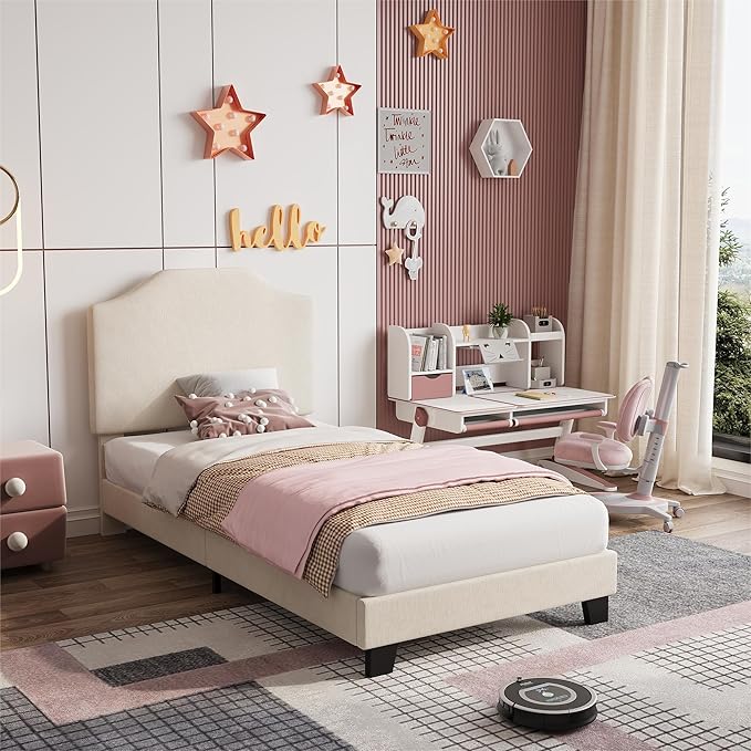 Twin Size Bed Frame, Corduroy Upholstered Platform Bed Frame with Adjustable Headboard, Mattress Foundation, Wooden Slats Support, No Box Spring Needed, Easy Assembly, Beige