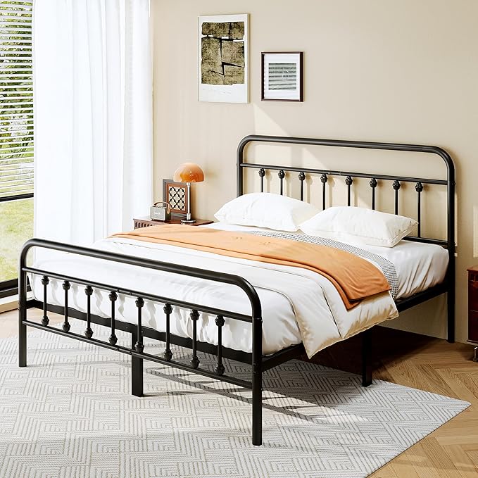 zunatu Full Size Metal Platform Bed Frame/Victorian Style Headboard and Footboard/Steel Slat Support/Easy Assembly/No Box Spring Needed/Underbed Storage/Noise Free/Black