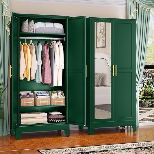 GAIOUS Metal Wardrobe Cabinet with Mirror and Hanging Rod, 71" Metal Clothing Storage Cabinets with 2 Doors and Adjustable Shelves, Green Armoire Wardrobe Closet for Bedroom, Laundry Room, Cloak Room
