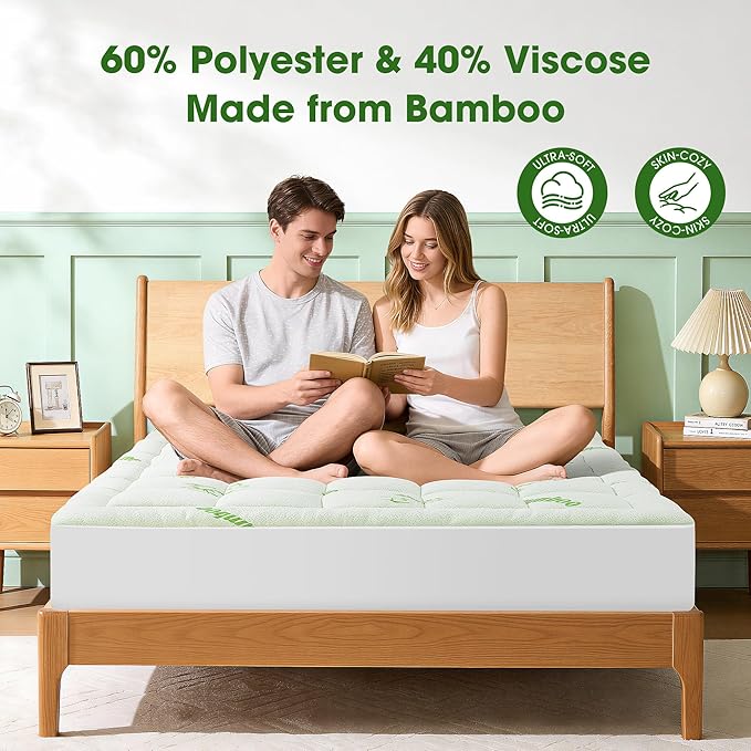Mattress Pad Full Size, Cooling Pillow Top Mattress Topper, Ultra Soft Viscose Made from Bamboo, Breathable for Hot Sleepers, Deep Pocket 8"-20", Green