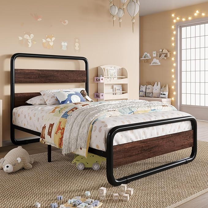 SHA CERLIN Twin Size Metal Bed Frame with Wooden Headboard and Footboard, Heavy Duty Oval-Shaped Platform Bed Frame with 10" Under-Bed Storage, Heavy Duty Slats Support, No Box Spring Needed, Mahogany