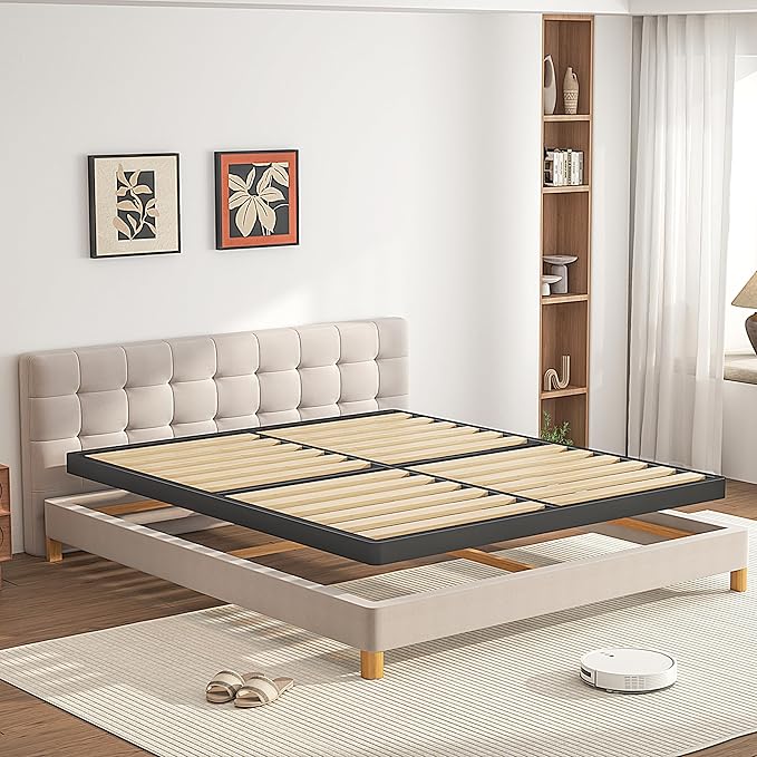 VIPSHOW 2 Inch Wood Slat Full Box Spring with Round Corners - 3000 lbs Capacity, Low Profile Bed Slat Replacement Bunkie Board with Metal Frame, Noise-Free, Easy Assemble, Black