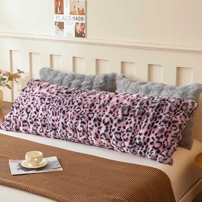 LIFEREVO Leopard Print Fluffy Faux Rabbit Fur Body Pillow Cover 20"x 54", Cheetah Print Waffle Bubble Bed Pillowcase with Zipper, Long Fuzzy Furry Body Pillow Case for Bedroom Pregnant Women, Pink