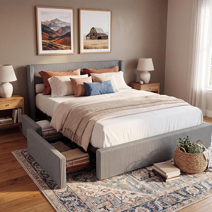Garvee Bed Frame Queen Size with 4 Storage Drawer, Bed Frame with Headboard and Corduroy Vertical Channel Tufted Wingback, Sturdy Wooden Slats Support, Noise Free, Grey