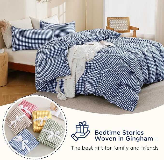 TOCOMOA Navy Blue Gingham Duvet Cover Bedding Set 100% Washed Cotton Like Linen Feel Super Soft Comfy 3 Piece Dark Blue Plaid Checkered Comforter Cover Set (King 104"x90", Comforter Not Included)