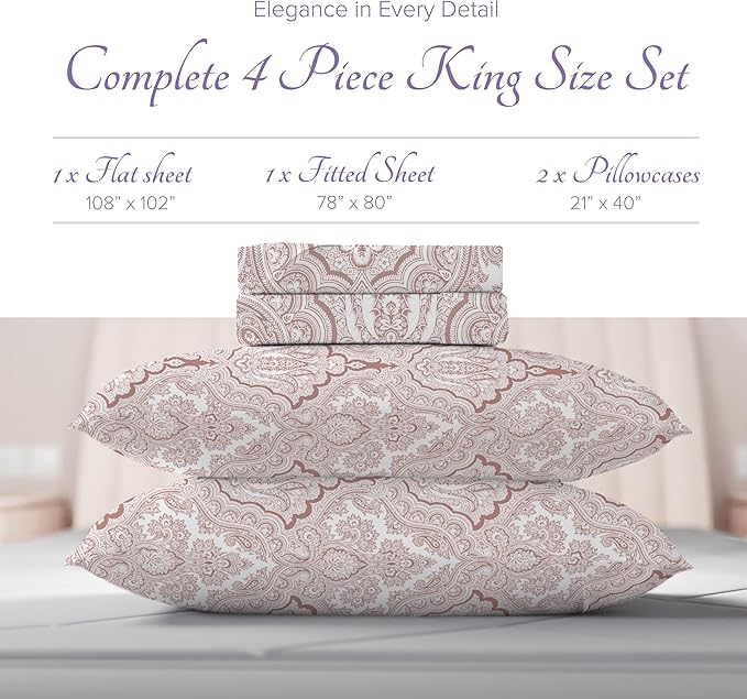 Carressa Linen 100% Egyptian Cotton King Size Sheets Set - 600 Series Hydrangeas Printed Egyptian Cotton Sheets King Size (4 PC, Paisley), 16" Deep Pocket Sateen Weave Luxury Bed Sheet