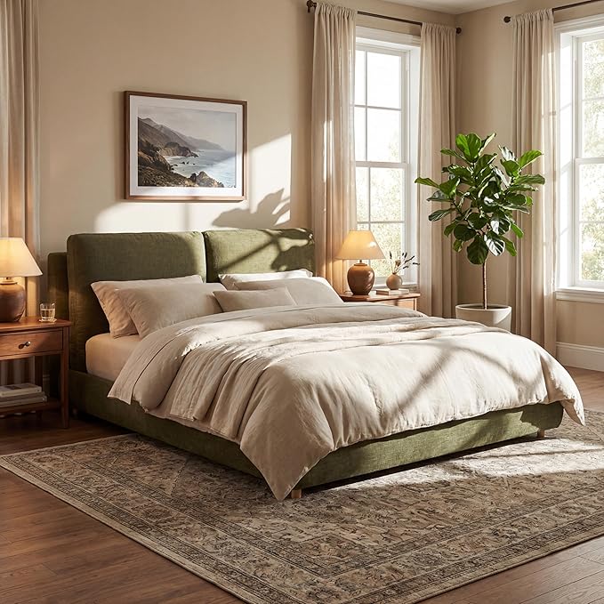 Merax California King Size Boucle Fabric Upholstered Platform Bed with Two Removable Pillow Headboard, Wood Bed Frame with Solid Round Legs for Kids Teens Adults, Olive Green