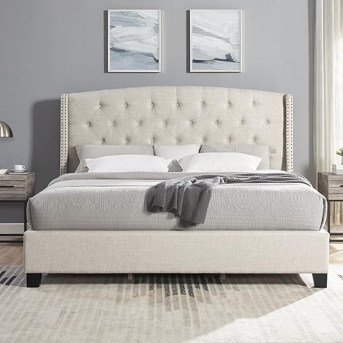 Roundhill Furniture Nantarre Fabric Tufted Wingback Upholstered Bed with Nailhead Trim, Queen, Tan