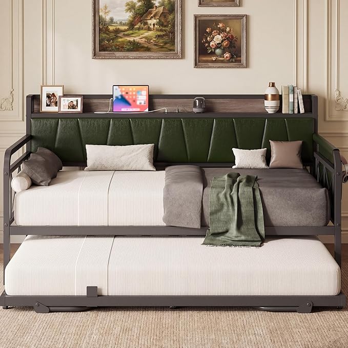 LIKIMIO Twin Daybed, Day Bed with Trundle, Storage Upholstered Headboard and Charging Station, Trundle Bed with Strong Supports for Living Room, Bedroom, and Guest Room, Dark Green