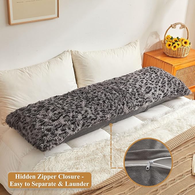 XeGe 20x54 Fluffy Leopard Print Body Pillow Cover, Cheetah Print Plush Fuzzy Faux Fur Body Pillowcase with Zipper, Farmhouse Shaggy Furry Long Pillow Cover for Women Side Sleeper, Light Grey