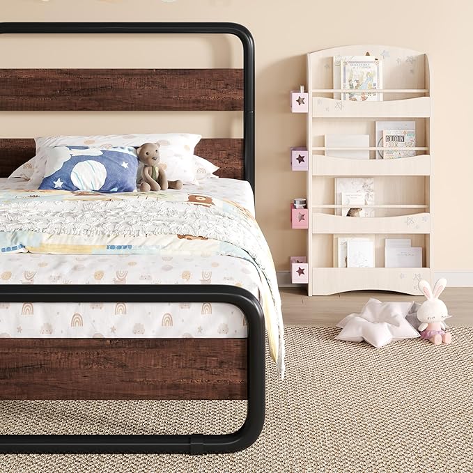 SHA CERLIN Twin Size Metal Bed Frame with Wooden Headboard and Footboard, Heavy Duty Oval-Shaped Platform Bed Frame with 10" Under-Bed Storage, Heavy Duty Slats Support, No Box Spring Needed, Mahogany