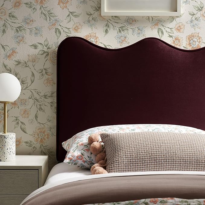 Monday Athena Twin Size Performance Velvet Adjustable Headboard in Mulberry - with Scalloped Wave Design and Stain-Resistant Velvet Upholstery