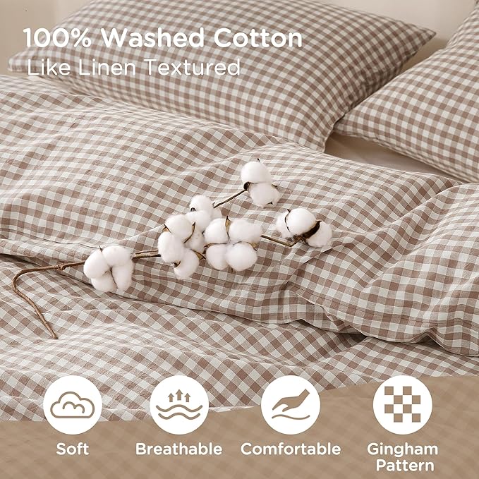 TOCOMOA Tan Gingham Duvet Cover Bedding Set 100% Washed Cotton Like Linen Feel Super Soft Comfy 2 Piece Brown Vintage Plaid Checkered Fall Comforter Cover Set (Twin 68"x90", Comforter Not Included)