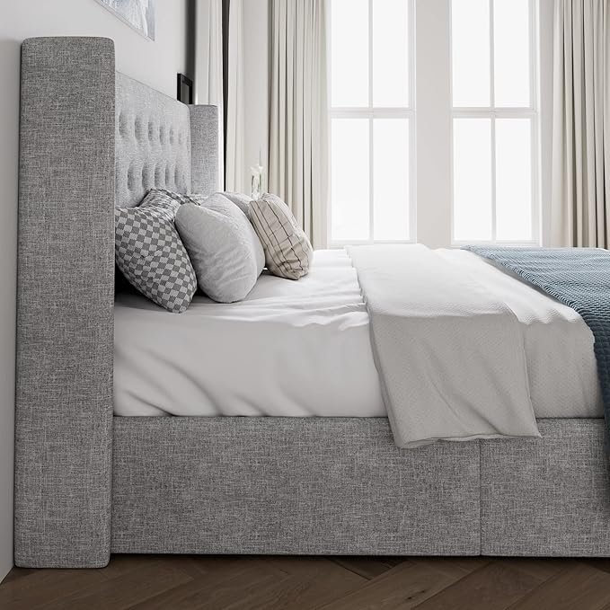 SHA CERLIN King Size Lift Up Storage Bed Frame,Button Tufted Wingback Headboard,Upholstered Platform,Hydraulic Storage,Wooden Slat Support,No Box Spring,Light Grey