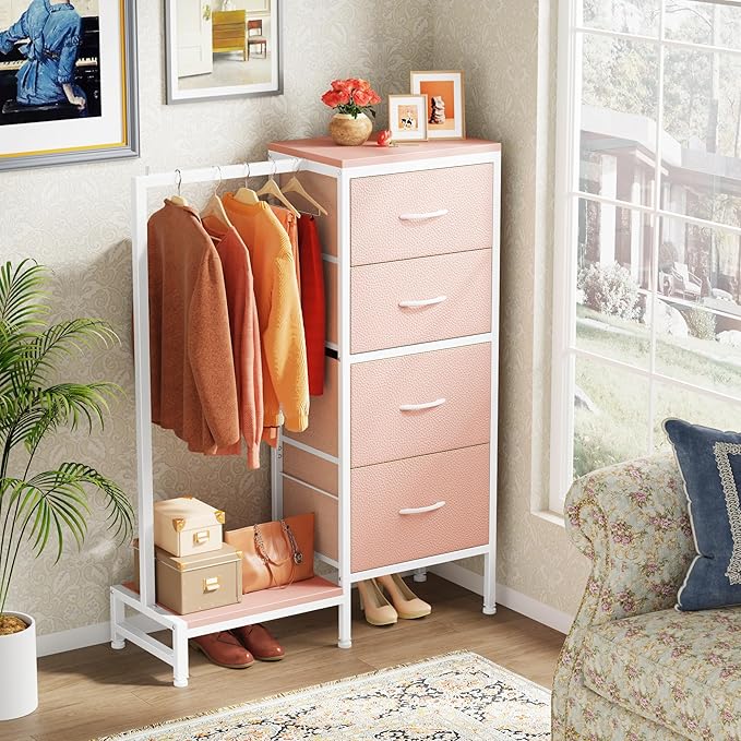 HIGDBFE Dresser with Hanging Rack, 4 Drawers Small Closet for Bedroom, Reversible Fabric Kids Chest of Drawers with Clothes Rack, Tall Storage Tower, Sturdy Frame, Pink, 44''H