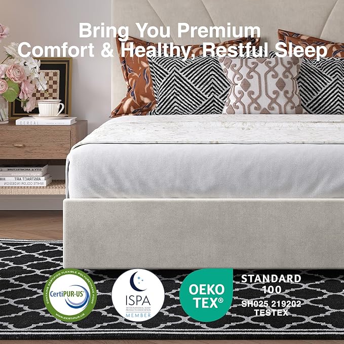 Novilla Queen Size Bed Frame, Queen Bed Frame with Headboard, Queen Bed Frame with Drawers, LED Bed Frame Queen Size, Charging Station and Adjustable Headboard, No Box Spring Needed, White Velvet