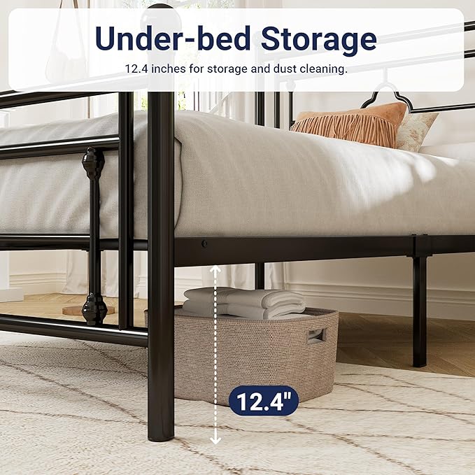 Allewie Twin Size Metal Platform Bed Frame with Victorian Vintage Headboard and Footboard/Mattress Foundation/Under Bed Storage/No Box Spring Needed/Noise-Free/Easy Assembly, Black