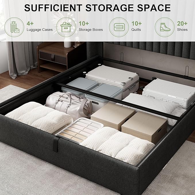 Feonase Queen Size Lift Up Storage Bed Frame, Linen Upholstered Platform Bed with Wingback Headboard, Hydraulic Storage, No Box Spring Needed, Dark Gray